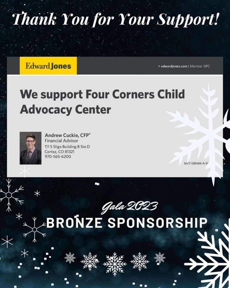 An appreciation image featuring a 'Thank You for Your Support' message for the Gala 2023, acknowledging the Bronze Sponsorship from Edward Jones, represented by Financial Advisor Andrew Cuckie, CFP. His photo, contact information, and the Edward Jones logo are displayed against a starry night sky background adorned with white snowflakes.