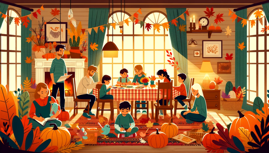 A wide, Thanksgiving-themed image for a website banner, depicting a cozy family living room decorated for the holiday. The room is adorned with autumn leaves, pumpkins, and harvest-themed decorations, creating a warm and inviting atmosphere. In the foreground, children of diverse backgrounds engage in various activities: one child is drawing attentively at a table, another is happily playing a board game, and a teenager is engaged in a conversation with an adult, symbolizing open communication and trust. The overall scene conveys a sense of joy, safety, and empowerment, appropriate for a message about child safety during the Thanksgiving season.