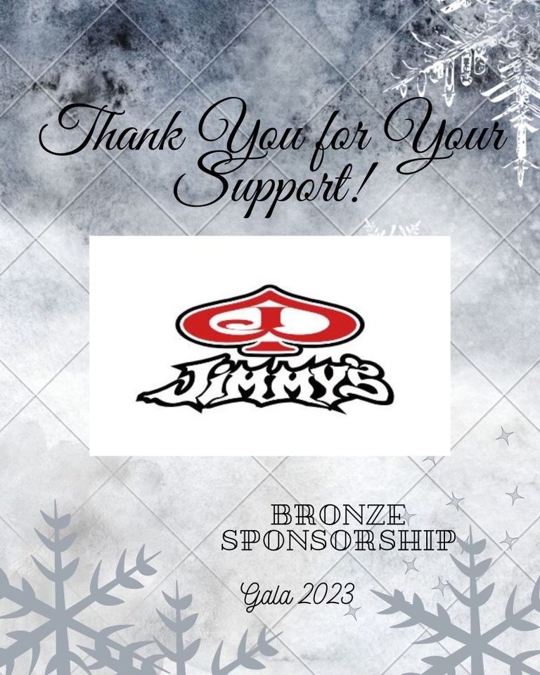 A wintry themed 'Thank You for Your Support!' image showcasing Jimmy's 4x4 logo with a Bronze Sponsorship acknowledgment for the Gala 2023. The background features ice crystals and snowflakes on a gray gradient.