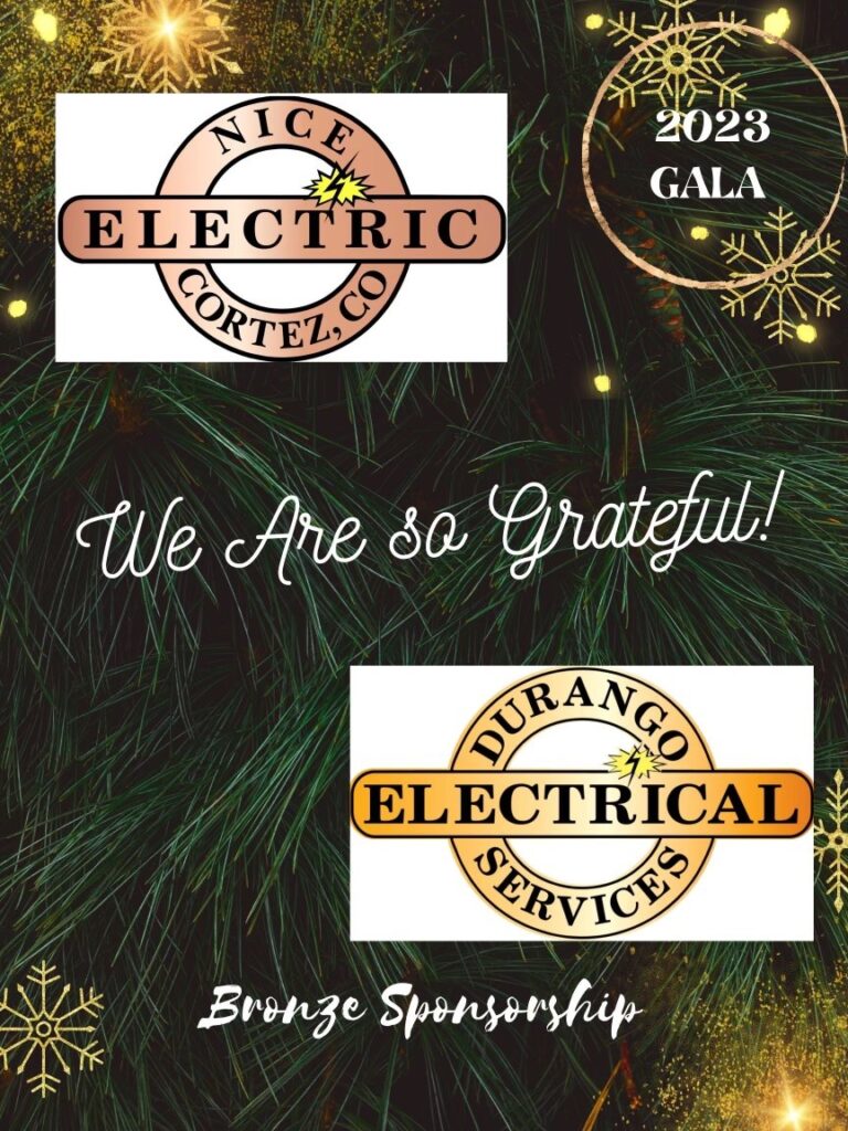 A festive holiday-themed image thanking Nice Electric and Durango Electrical Services for their Bronze Sponsorship of the 2023 Gala, with the companies' logos displayed over a background of Christmas tree branches and twinkling lights.